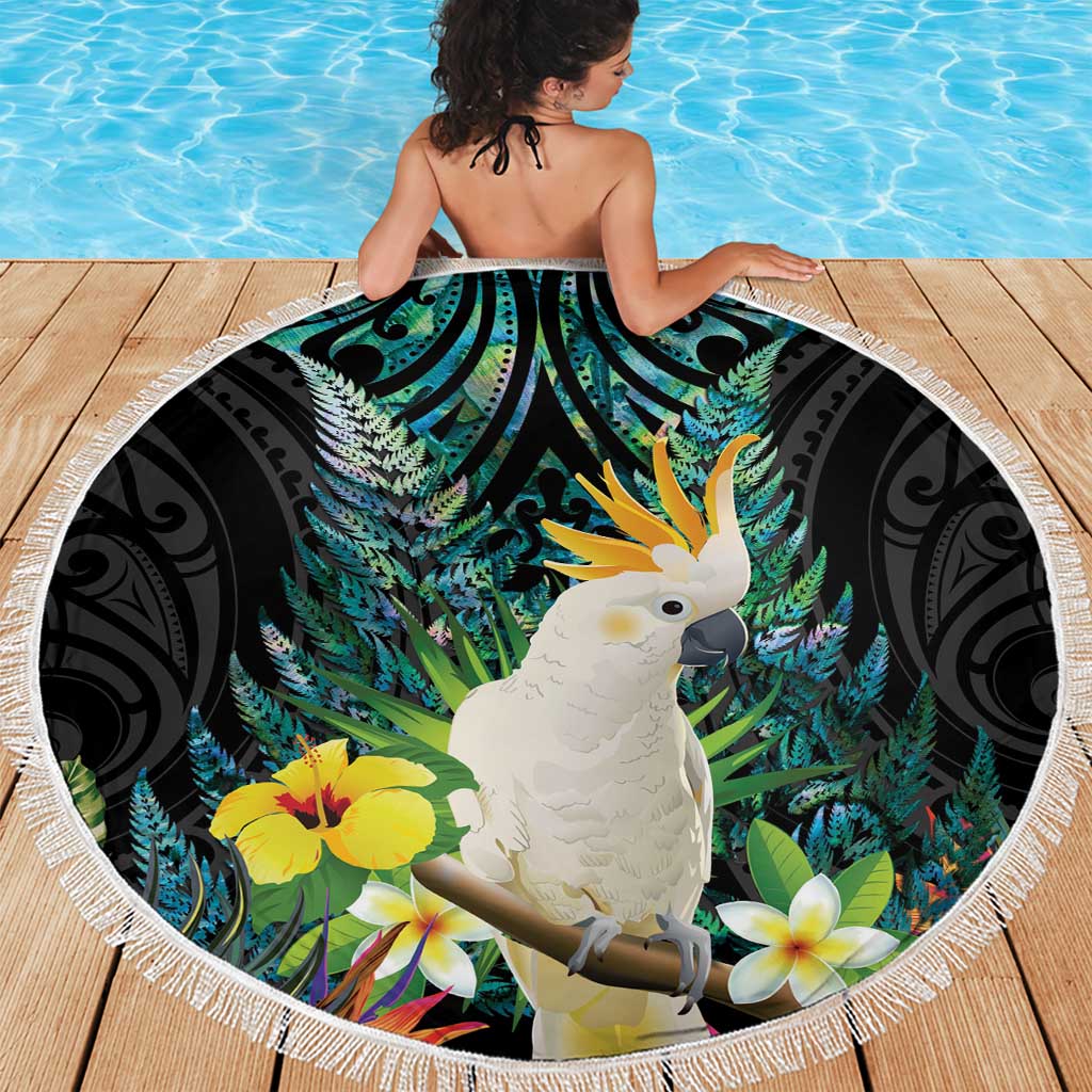 Sulphur-crested Cockatoo New Zealand Beach Blanket Paua Shell Aotearoa Maori Tropical Flowers - Polynesian Pride