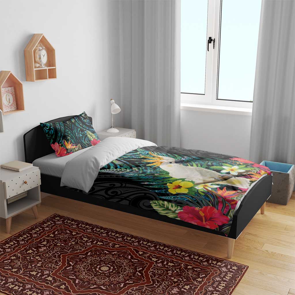 Sulphur-crested Cockatoo New Zealand Bedding Set Paua Shell Aotearoa Maori Tropical Flowers - Polynesian Pride