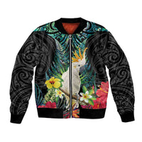 Sulphur-crested Cockatoo New Zealand Bomber Jacket Paua Shell Aotearoa Maori Tropical Flowers - Polynesian Pride