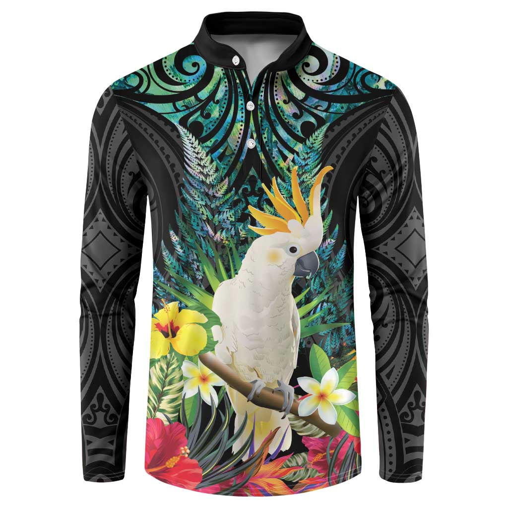 Sulphur-crested Cockatoo New Zealand Button Sweatshirt Paua Shell Aotearoa Maori Tropical Flowers - Polynesian Pride