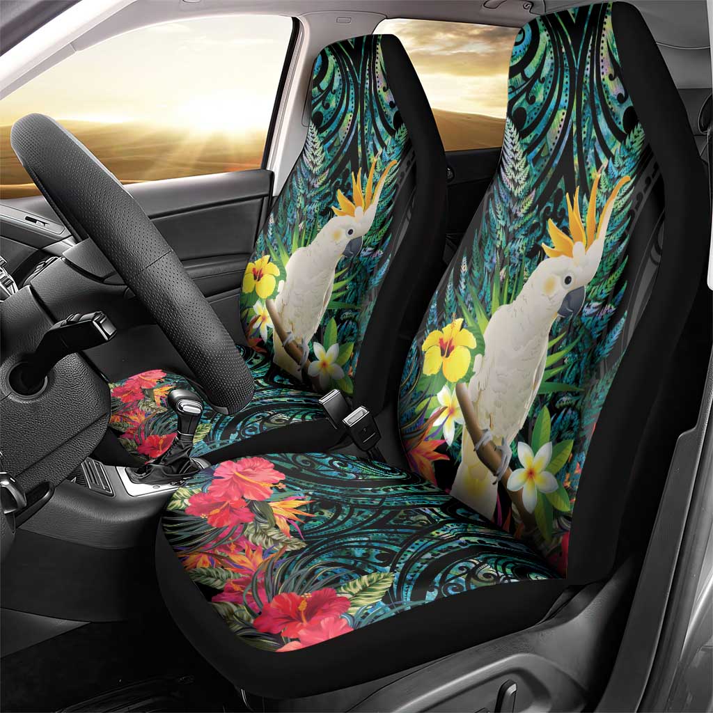 Sulphur-crested Cockatoo New Zealand Car Seat Cover Paua Shell Aotearoa Maori Tropical Flowers - Polynesian Pride