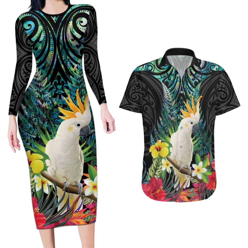 Sulphur-crested Cockatoo New Zealand Couples Matching Long Sleeve Bodycon Dress and Hawaiian Shirt Paua Shell Aotearoa Maori Tropical Flowers - Polynesian Pride