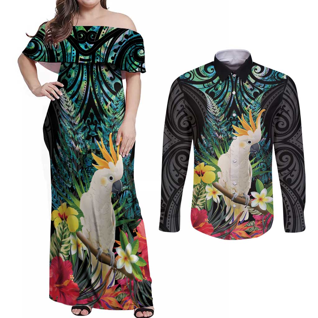Sulphur-crested Cockatoo New Zealand Couples Matching Off Shoulder Maxi Dress and Long Sleeve Button Shirt Paua Shell Aotearoa Maori Tropical Flowers - Polynesian Pride