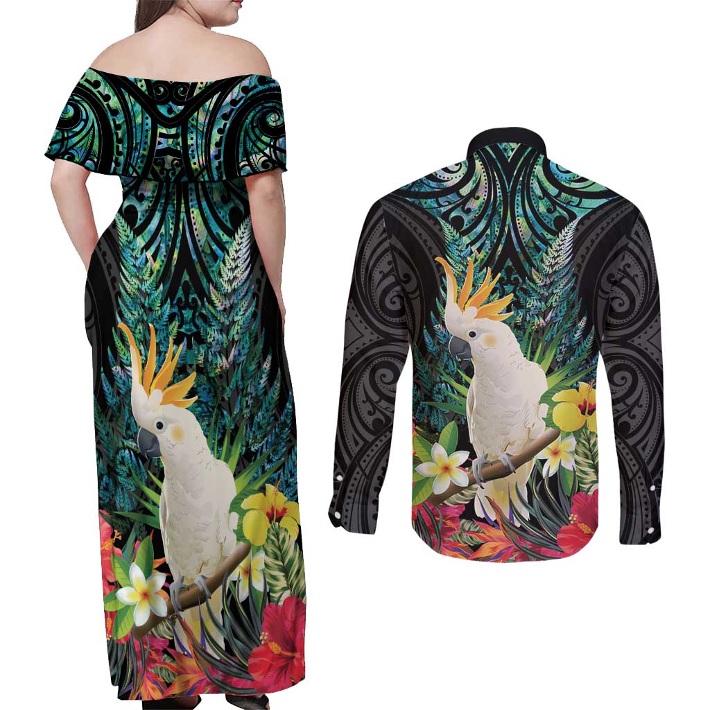 Sulphur-crested Cockatoo New Zealand Couples Matching Off Shoulder Maxi Dress and Long Sleeve Button Shirt Paua Shell Aotearoa Maori Tropical Flowers - Polynesian Pride