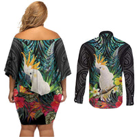 Sulphur-crested Cockatoo New Zealand Couples Matching Off Shoulder Short Dress and Long Sleeve Button Shirt Paua Shell Aotearoa Maori Tropical Flowers - Polynesian Pride