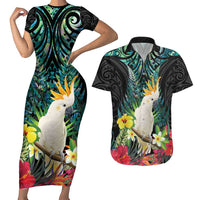 Sulphur-crested Cockatoo New Zealand Couples Matching Short Sleeve Bodycon Dress and Hawaiian Shirt Paua Shell Aotearoa Maori Tropical Flowers - Polynesian Pride