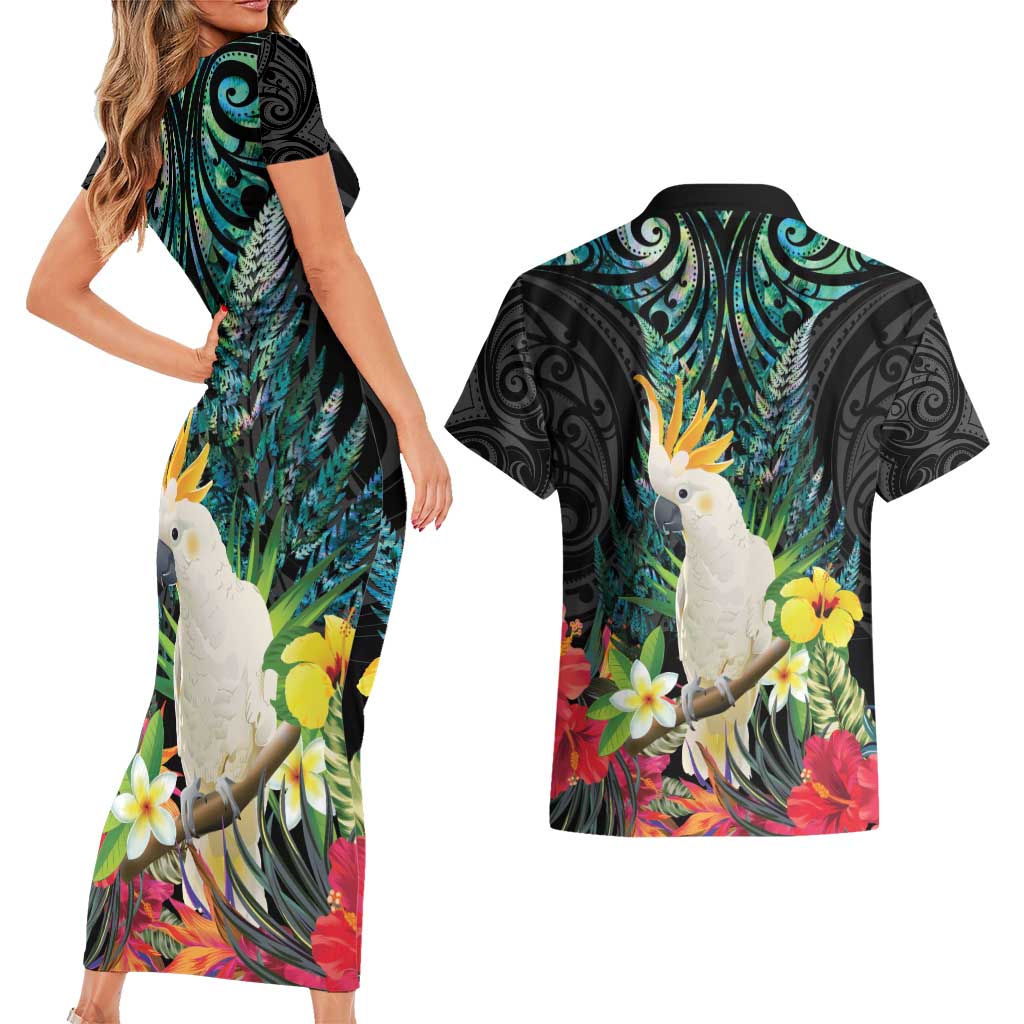 Sulphur-crested Cockatoo New Zealand Couples Matching Short Sleeve Bodycon Dress and Hawaiian Shirt Paua Shell Aotearoa Maori Tropical Flowers - Polynesian Pride