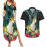 Sulphur-crested Cockatoo New Zealand Couples Matching Summer Maxi Dress and Hawaiian Shirt Paua Shell Aotearoa Maori Tropical Flowers - Polynesian Pride