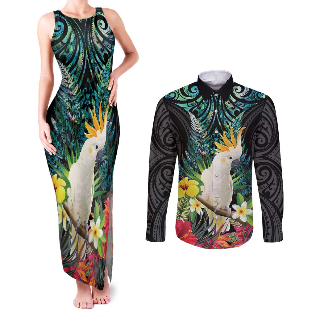 Sulphur-crested Cockatoo New Zealand Couples Matching Tank Maxi Dress and Long Sleeve Button Shirt Paua Shell Aotearoa Maori Tropical Flowers - Polynesian Pride