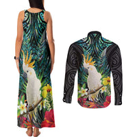 Sulphur-crested Cockatoo New Zealand Couples Matching Tank Maxi Dress and Long Sleeve Button Shirt Paua Shell Aotearoa Maori Tropical Flowers - Polynesian Pride