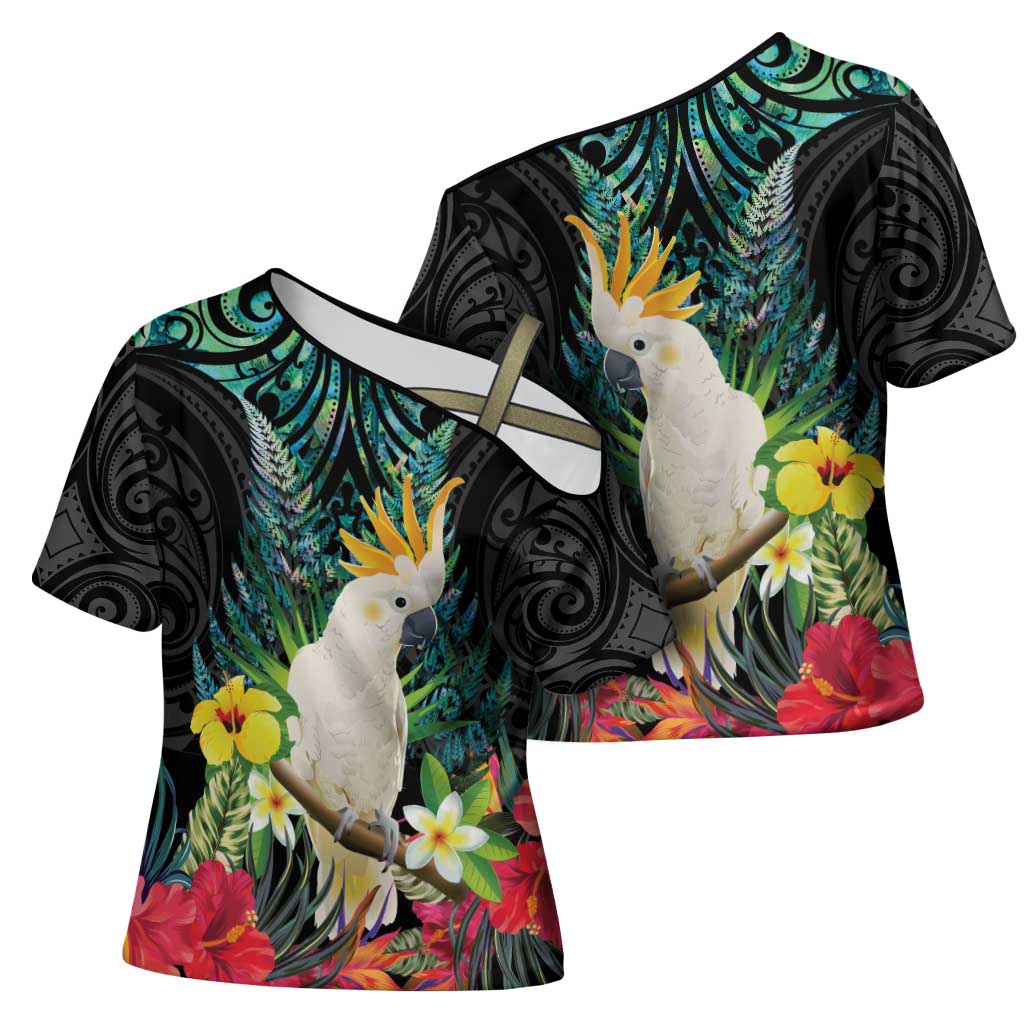 Sulphur-crested Cockatoo New Zealand Cross Shoulder Shirt Paua Shell Aotearoa Maori Tropical Flowers - Polynesian Pride