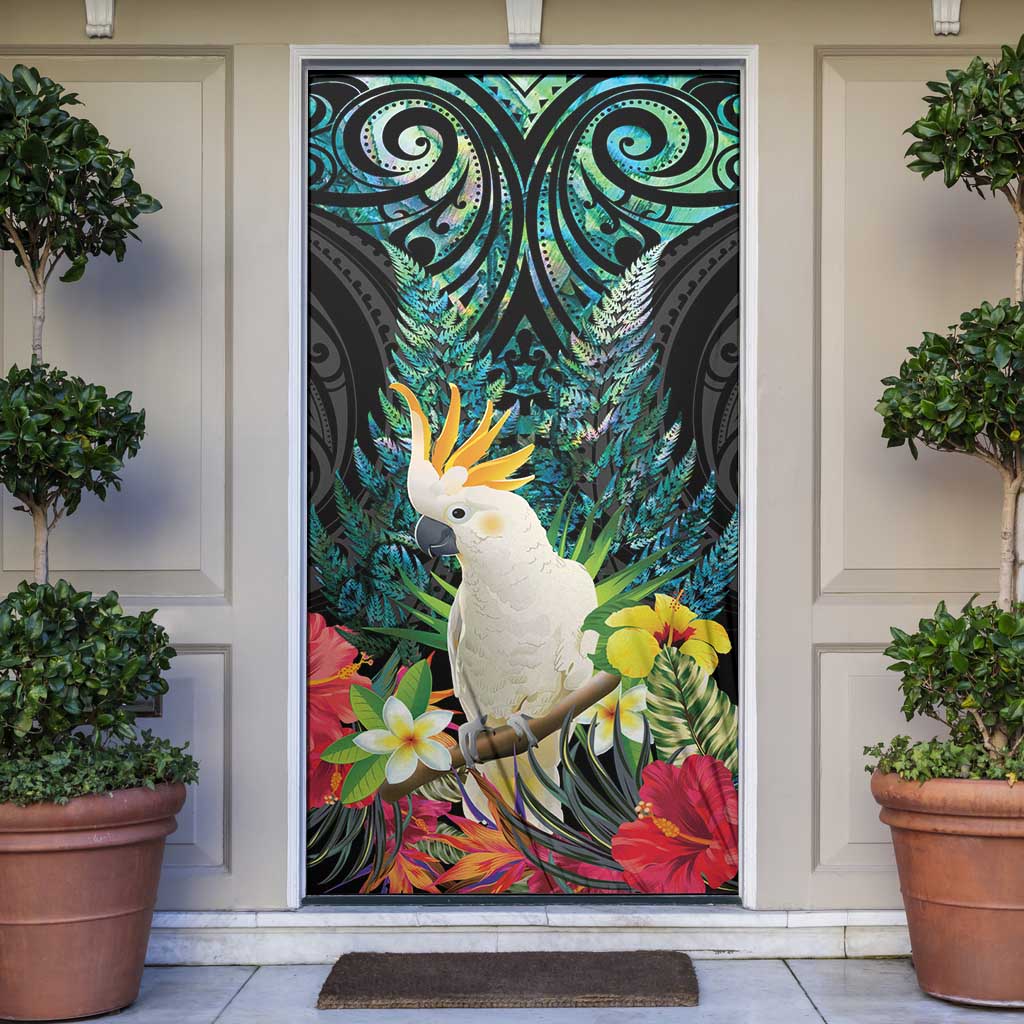 Sulphur-crested Cockatoo New Zealand Door Cover Paua Shell Aotearoa Maori Tropical Flowers - Polynesian Pride