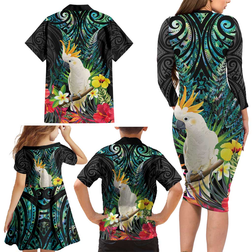 Sulphur-crested Cockatoo New Zealand Family Matching Long Sleeve Bodycon Dress and Hawaiian Shirt Paua Shell Aotearoa Maori Tropical Flowers - Polynesian Pride