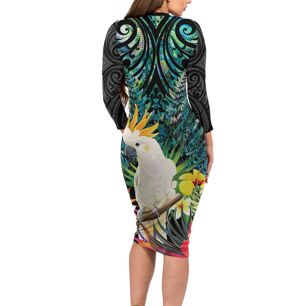 Sulphur-crested Cockatoo New Zealand Family Matching Long Sleeve Bodycon Dress and Hawaiian Shirt Paua Shell Aotearoa Maori Tropical Flowers - Polynesian Pride