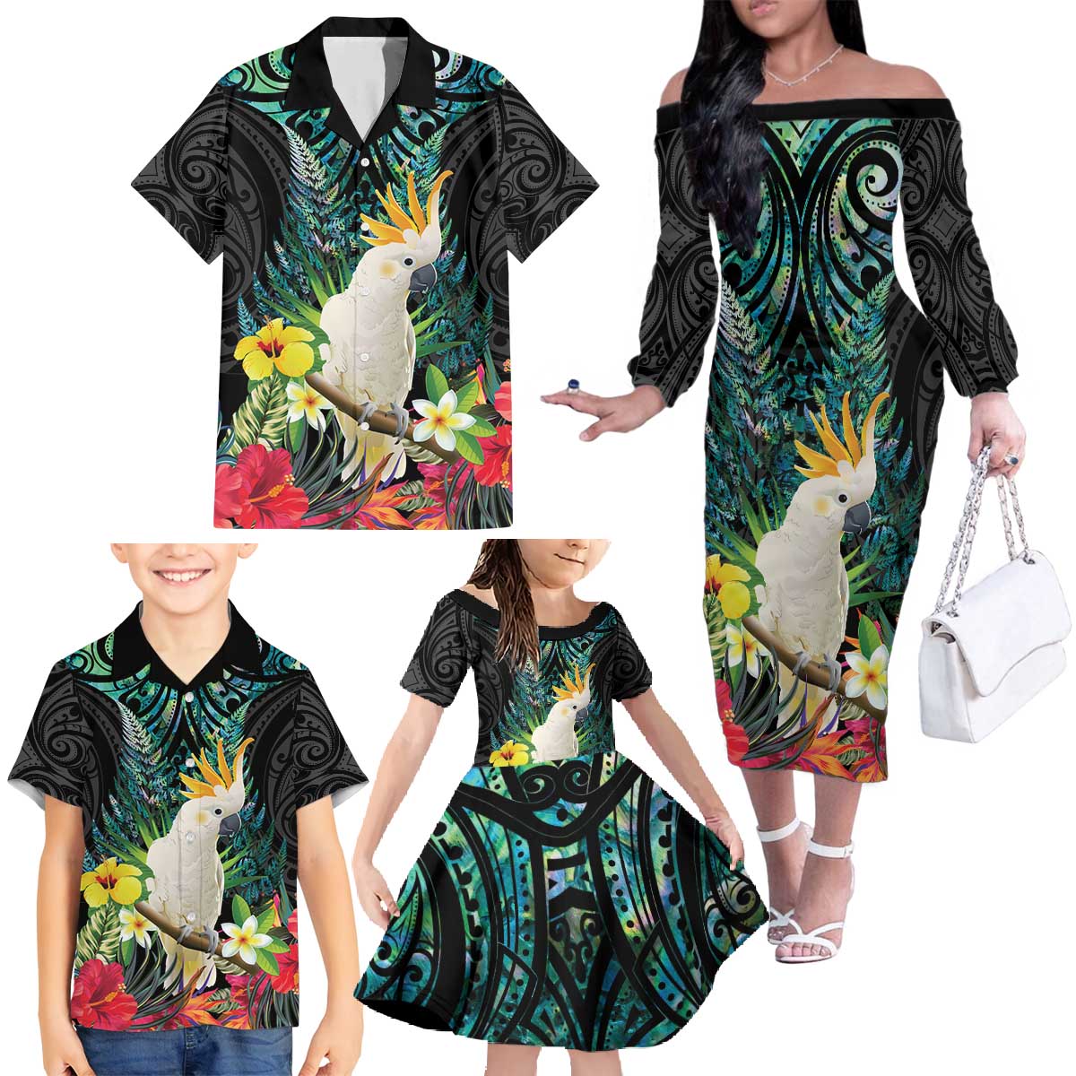 Sulphur-crested Cockatoo New Zealand Family Matching Off The Shoulder Long Sleeve Dress and Hawaiian Shirt Paua Shell Aotearoa Maori Tropical Flowers - Polynesian Pride