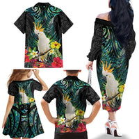Sulphur-crested Cockatoo New Zealand Family Matching Off The Shoulder Long Sleeve Dress and Hawaiian Shirt Paua Shell Aotearoa Maori Tropical Flowers - Polynesian Pride