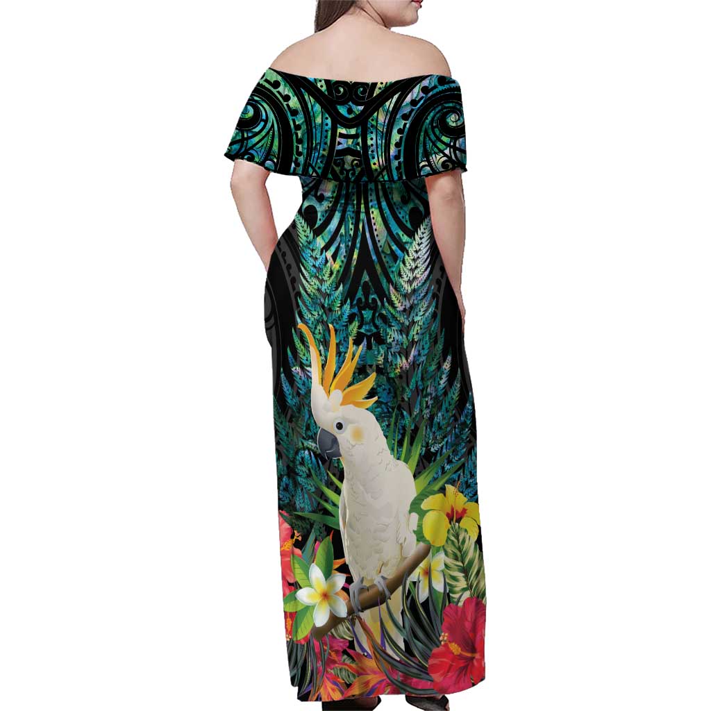 Sulphur-crested Cockatoo New Zealand Family Matching Off Shoulder Maxi Dress and Hawaiian Shirt Paua Shell Aotearoa Maori Tropical Flowers - Polynesian Pride