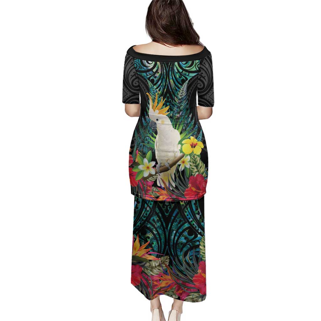 Sulphur-crested Cockatoo New Zealand Family Matching Puletasi and Hawaiian Shirt Paua Shell Aotearoa Maori Tropical Flowers - Polynesian Pride
