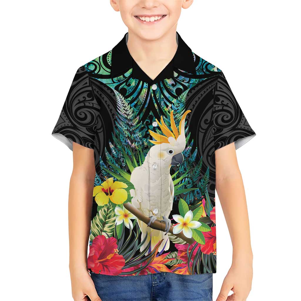 Sulphur-crested Cockatoo New Zealand Family Matching Short Sleeve Bodycon Dress and Hawaiian Shirt Paua Shell Aotearoa Maori Tropical Flowers - Polynesian Pride