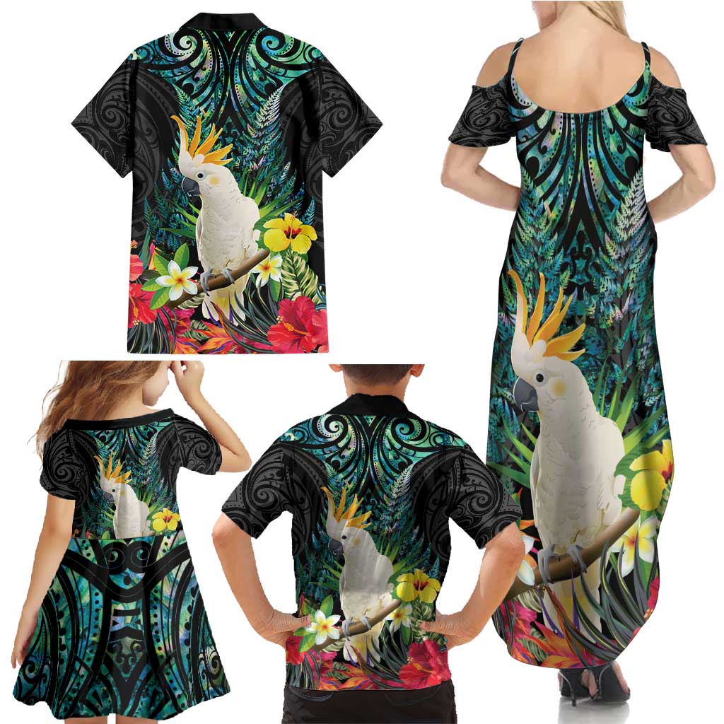 Sulphur-crested Cockatoo New Zealand Family Matching Summer Maxi Dress and Hawaiian Shirt Paua Shell Aotearoa Maori Tropical Flowers - Polynesian Pride