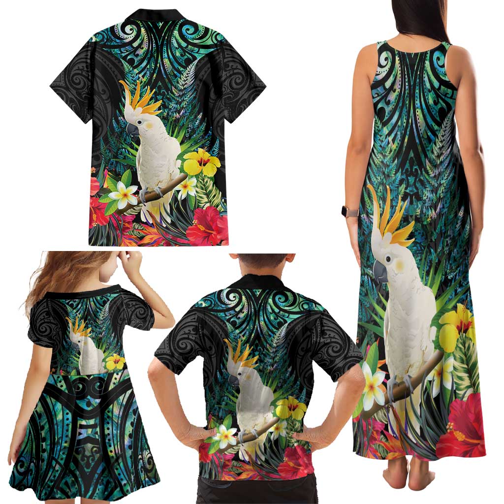 Sulphur-crested Cockatoo New Zealand Family Matching Tank Maxi Dress and Hawaiian Shirt Paua Shell Aotearoa Maori Tropical Flowers - Polynesian Pride