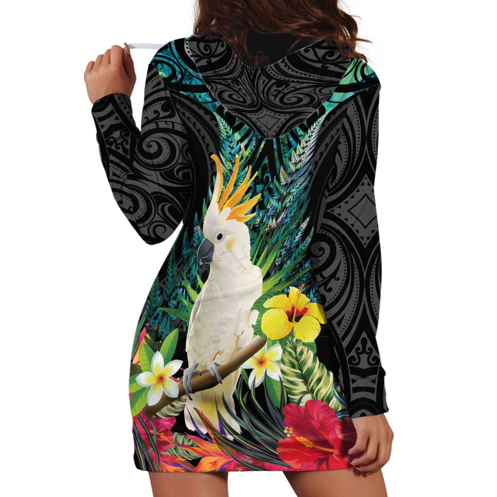 Sulphur-crested Cockatoo New Zealand Hoodie Dress Paua Shell Aotearoa Maori Tropical Flowers - Polynesian Pride