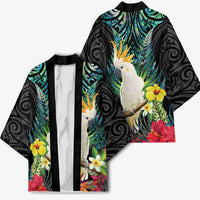 Sulphur-crested Cockatoo New Zealand Kimono Paua Shell Aotearoa Maori Tropical Flowers - Polynesian Pride