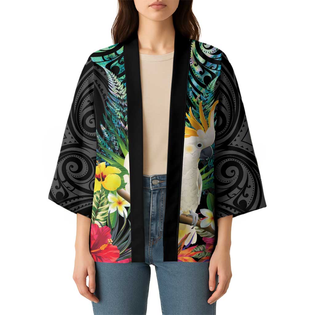 Sulphur-crested Cockatoo New Zealand Kimono Paua Shell Aotearoa Maori Tropical Flowers - Polynesian Pride