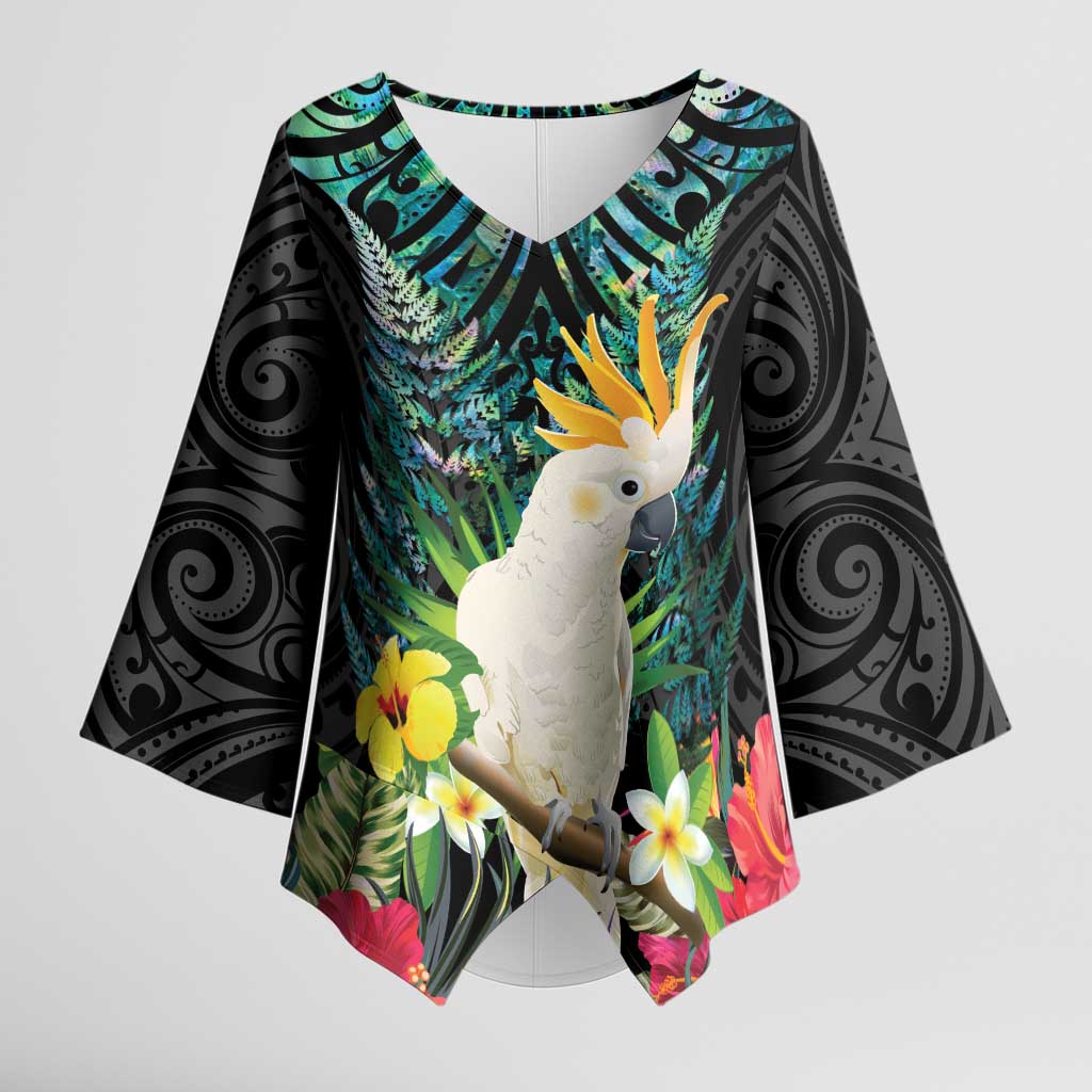 Sulphur-crested Cockatoo New Zealand Kimono Sleeve Blouse Paua Shell Aotearoa Maori Tropical Flowers - Polynesian Pride