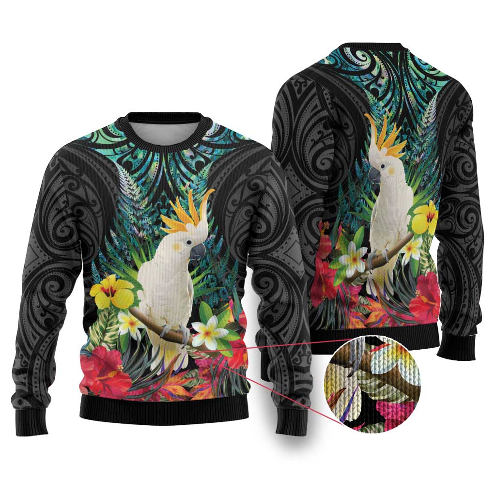 Sulphur-crested Cockatoo New Zealand Ugly Christmas Sweater Paua Shell Aotearoa Maori Tropical Flowers - Polynesian Pride