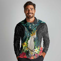 Sulphur-crested Cockatoo New Zealand Long Sleeve Polo Shirt Paua Shell Aotearoa Maori Tropical Flowers - Polynesian Pride