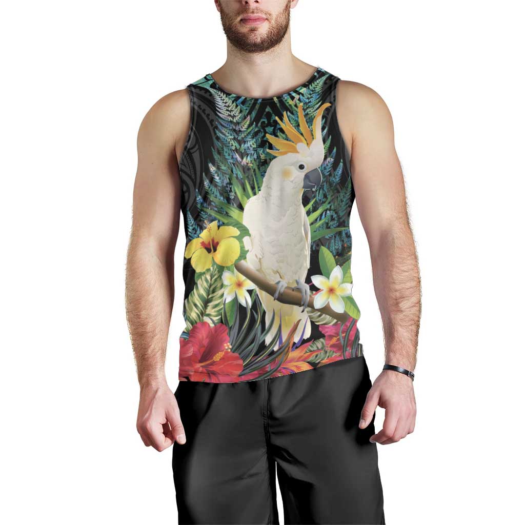 Sulphur-crested Cockatoo New Zealand Men Tank Top Paua Shell Aotearoa Maori Tropical Flowers - Polynesian Pride