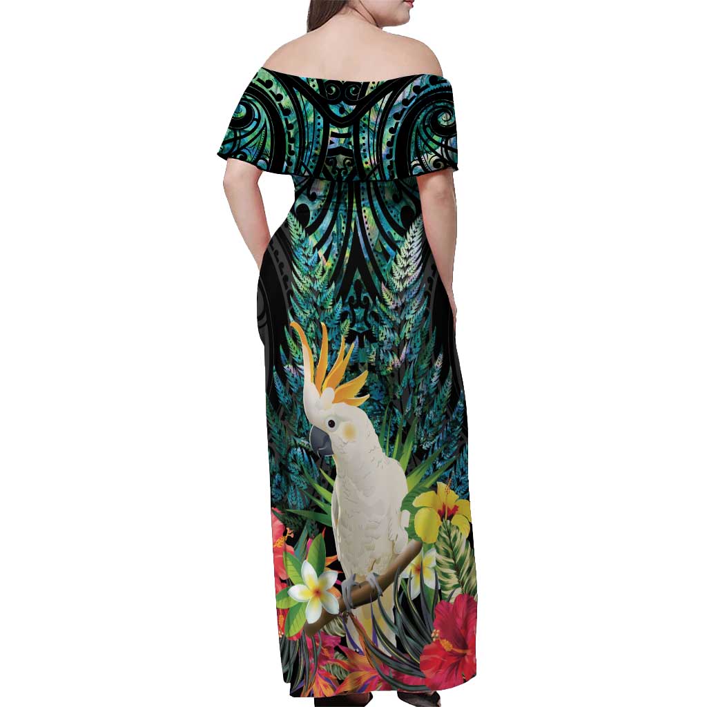 Sulphur-crested Cockatoo New Zealand Off Shoulder Maxi Dress Paua Shell Aotearoa Maori Tropical Flowers - Polynesian Pride