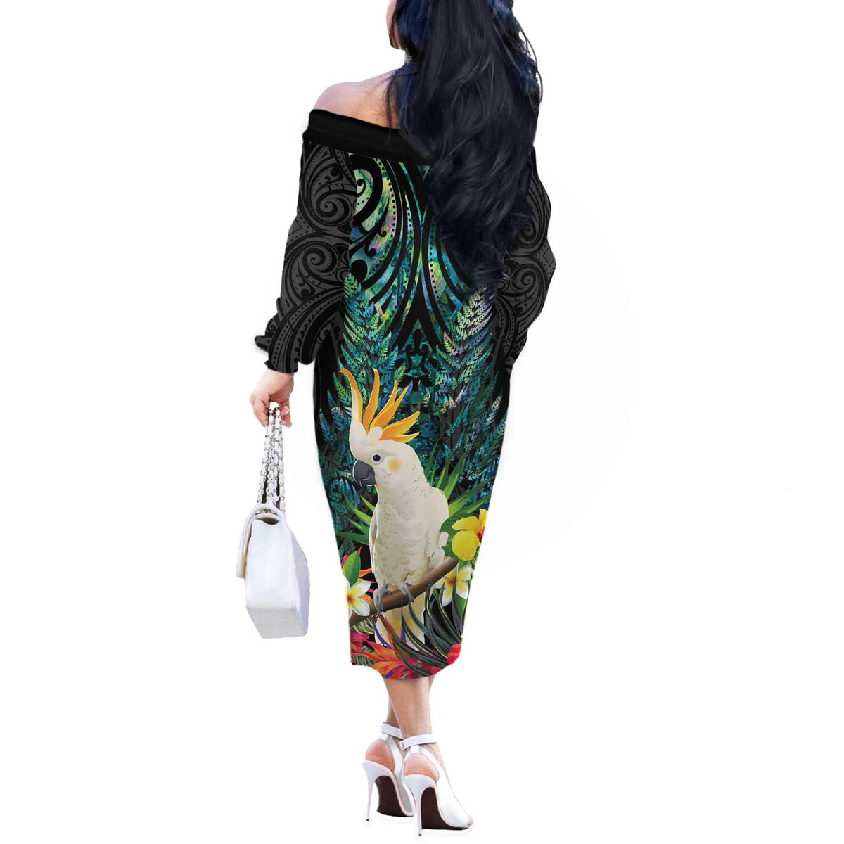Sulphur-crested Cockatoo New Zealand Off The Shoulder Long Sleeve Dress Paua Shell Aotearoa Maori Tropical Flowers - Polynesian Pride