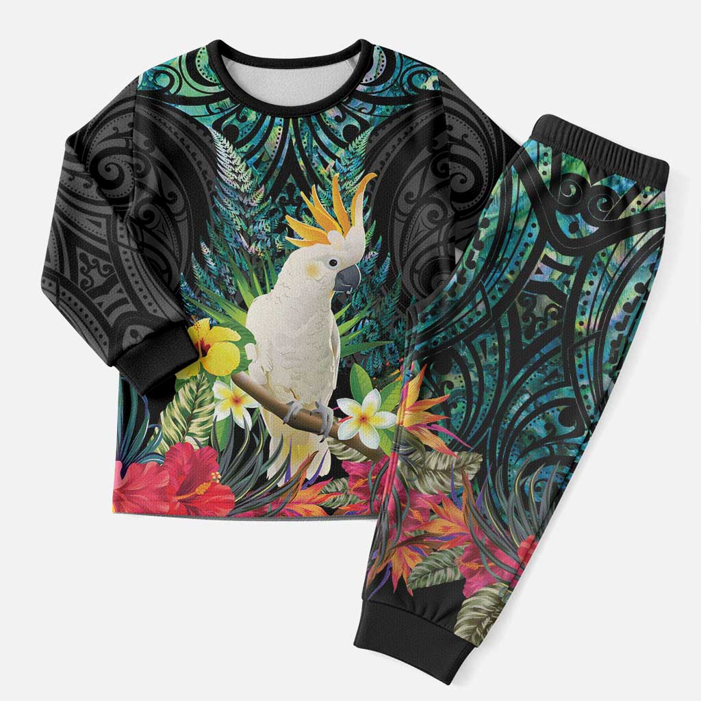 Sulphur-crested Cockatoo New Zealand Christmas Pajama Set Paua Shell Aotearoa Maori Tropical Flowers - Polynesian Pride