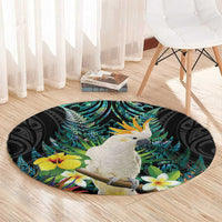 Sulphur-crested Cockatoo New Zealand Round Carpet Paua Shell Aotearoa Maori Tropical Flowers - Polynesian Pride