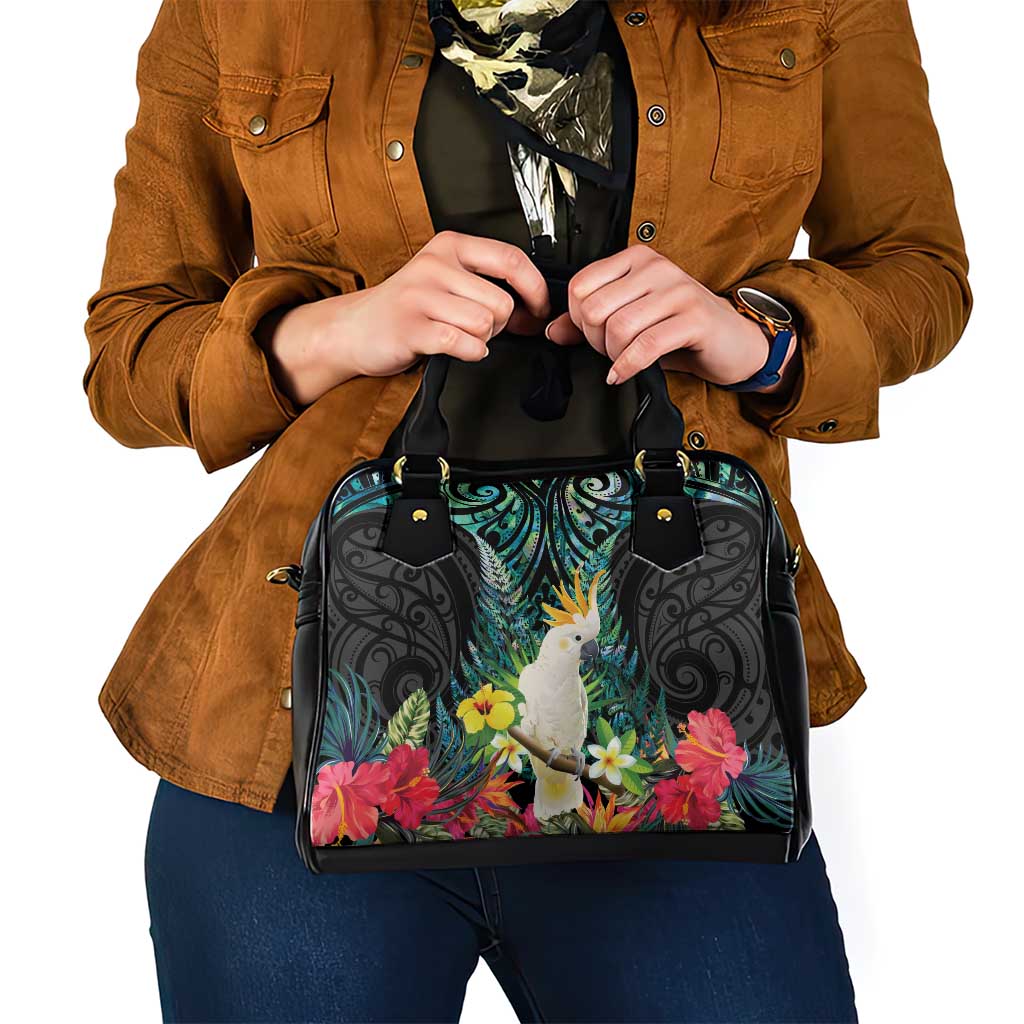 Sulphur-crested Cockatoo New Zealand Shoulder Handbag Paua Shell Aotearoa Maori Tropical Flowers - Polynesian Pride