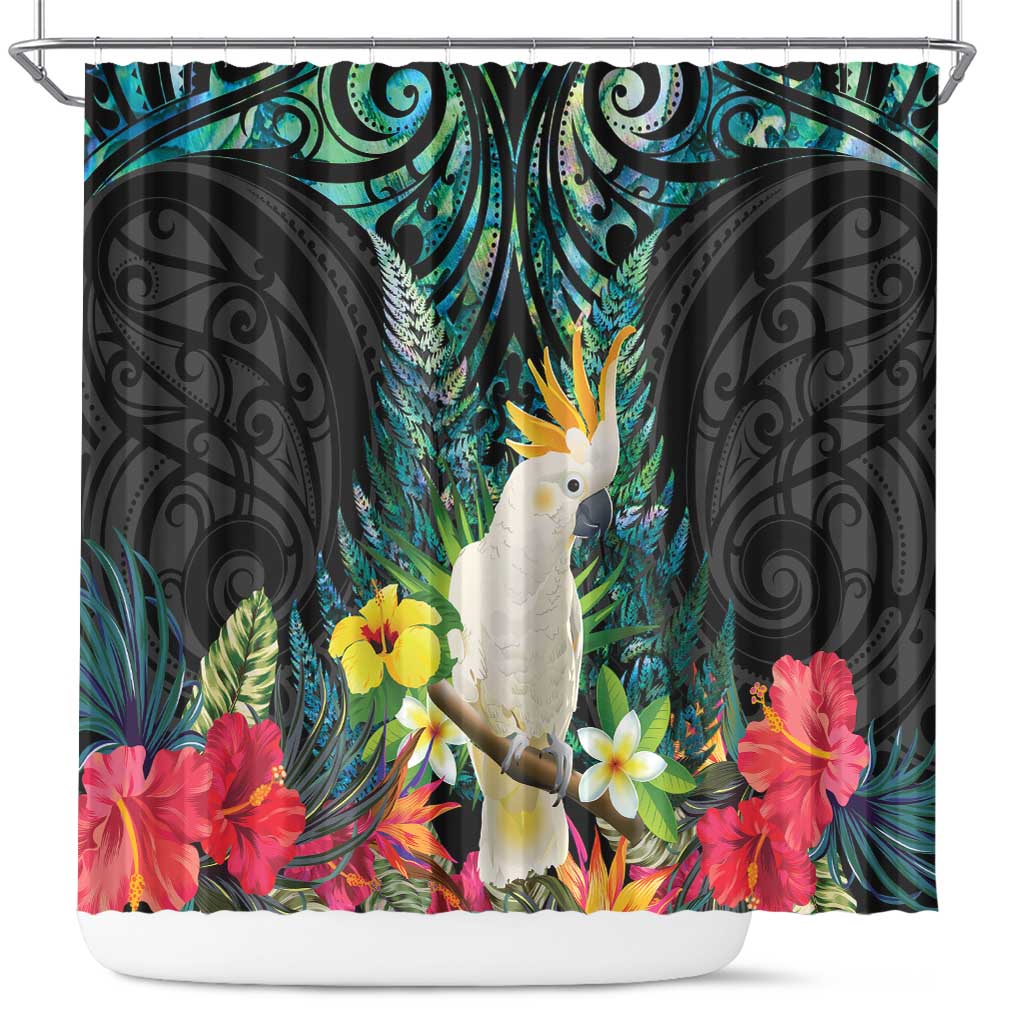 Sulphur-crested Cockatoo New Zealand Shower Curtain Paua Shell Aotearoa Maori Tropical Flowers - Polynesian Pride
