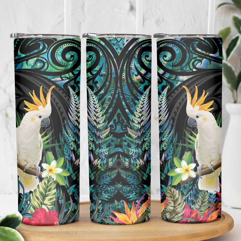 Sulphur-crested Cockatoo New Zealand Skinny Tumbler Paua Shell Aotearoa Maori Tropical Flowers - Polynesian Pride