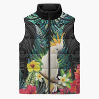 Sulphur-crested Cockatoo New Zealand Sleeveless Puffer Jacket Paua Shell Aotearoa Maori Tropical Flowers - Polynesian Pride