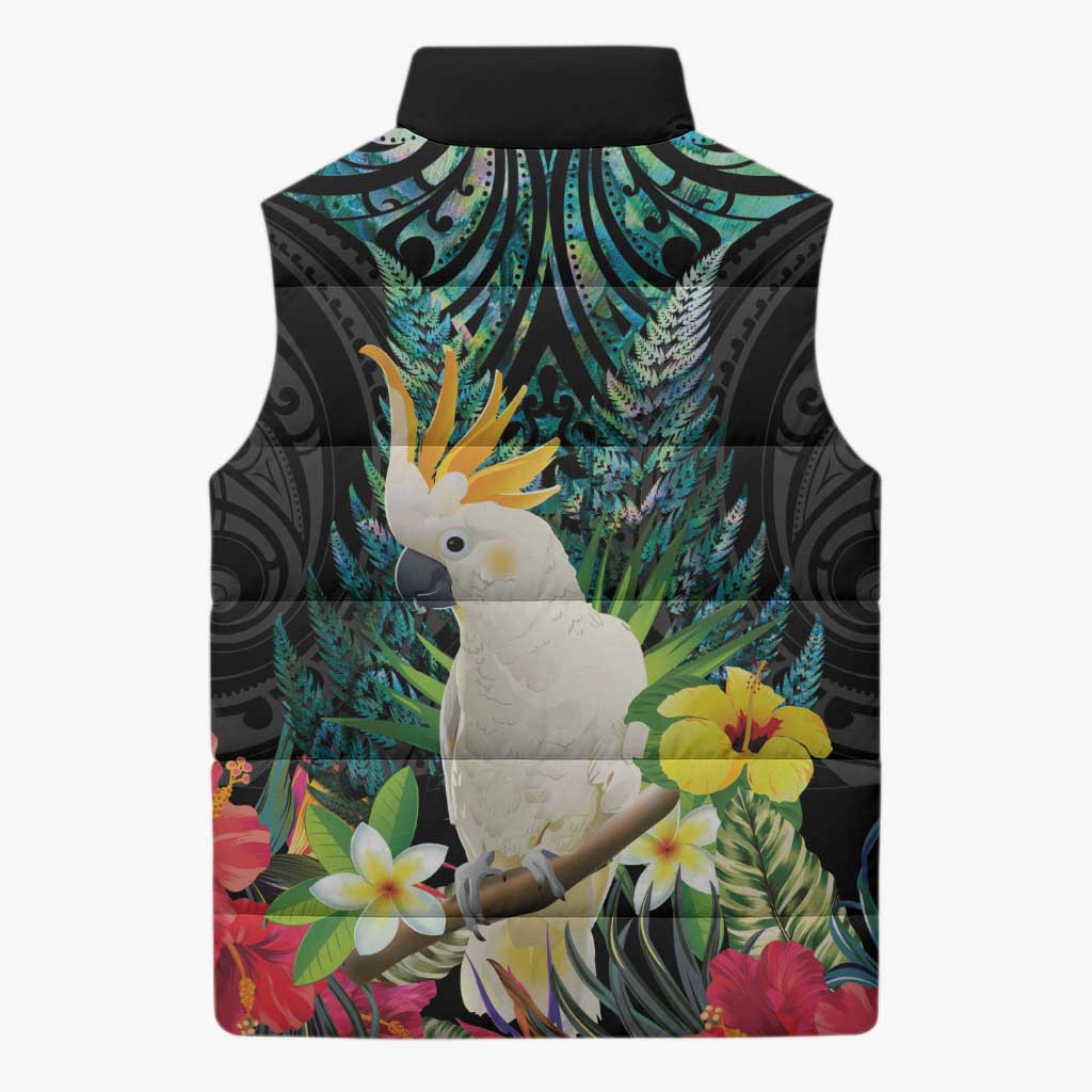 Sulphur-crested Cockatoo New Zealand Sleeveless Puffer Jacket Paua Shell Aotearoa Maori Tropical Flowers - Polynesian Pride
