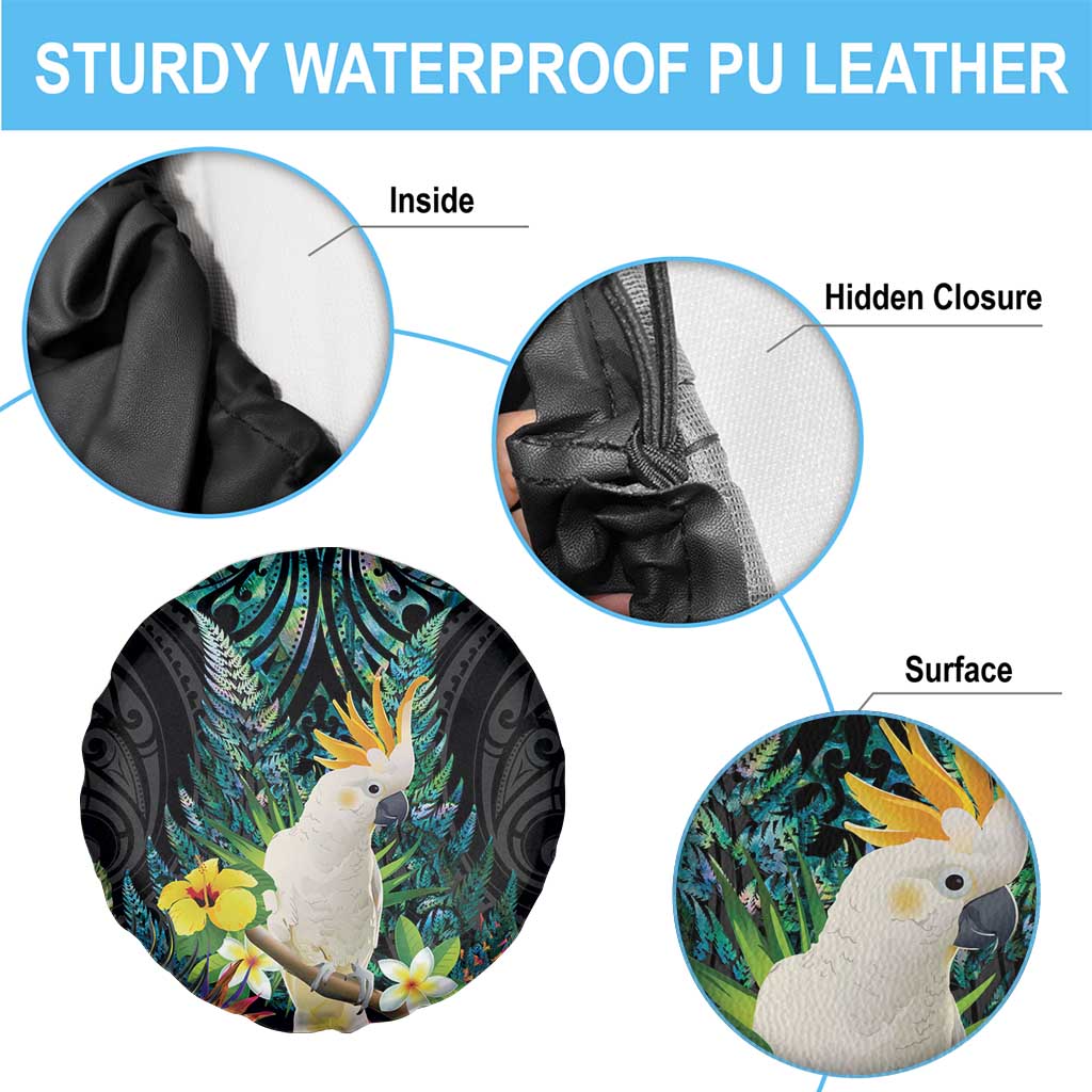 Sulphur-crested Cockatoo New Zealand Spare Tire Cover Paua Shell Aotearoa Maori Tropical Flowers - Polynesian Pride