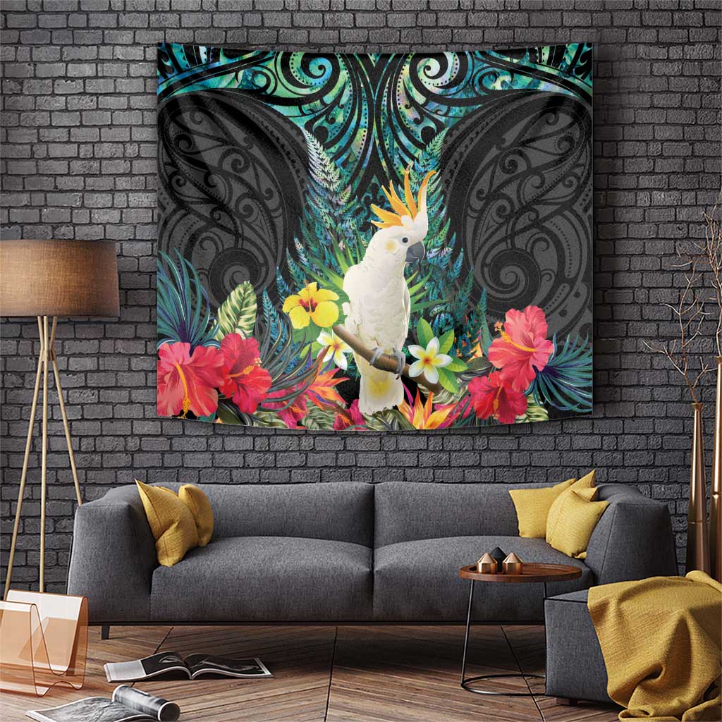 Sulphur-crested Cockatoo New Zealand Tapestry Paua Shell Aotearoa Maori Tropical Flowers - Polynesian Pride