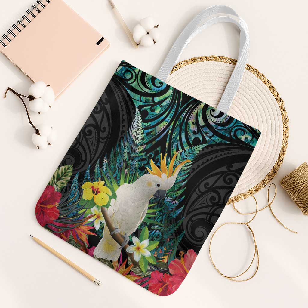 Sulphur-crested Cockatoo New Zealand Tote Bag Paua Shell Aotearoa Maori Tropical Flowers - Polynesian Pride