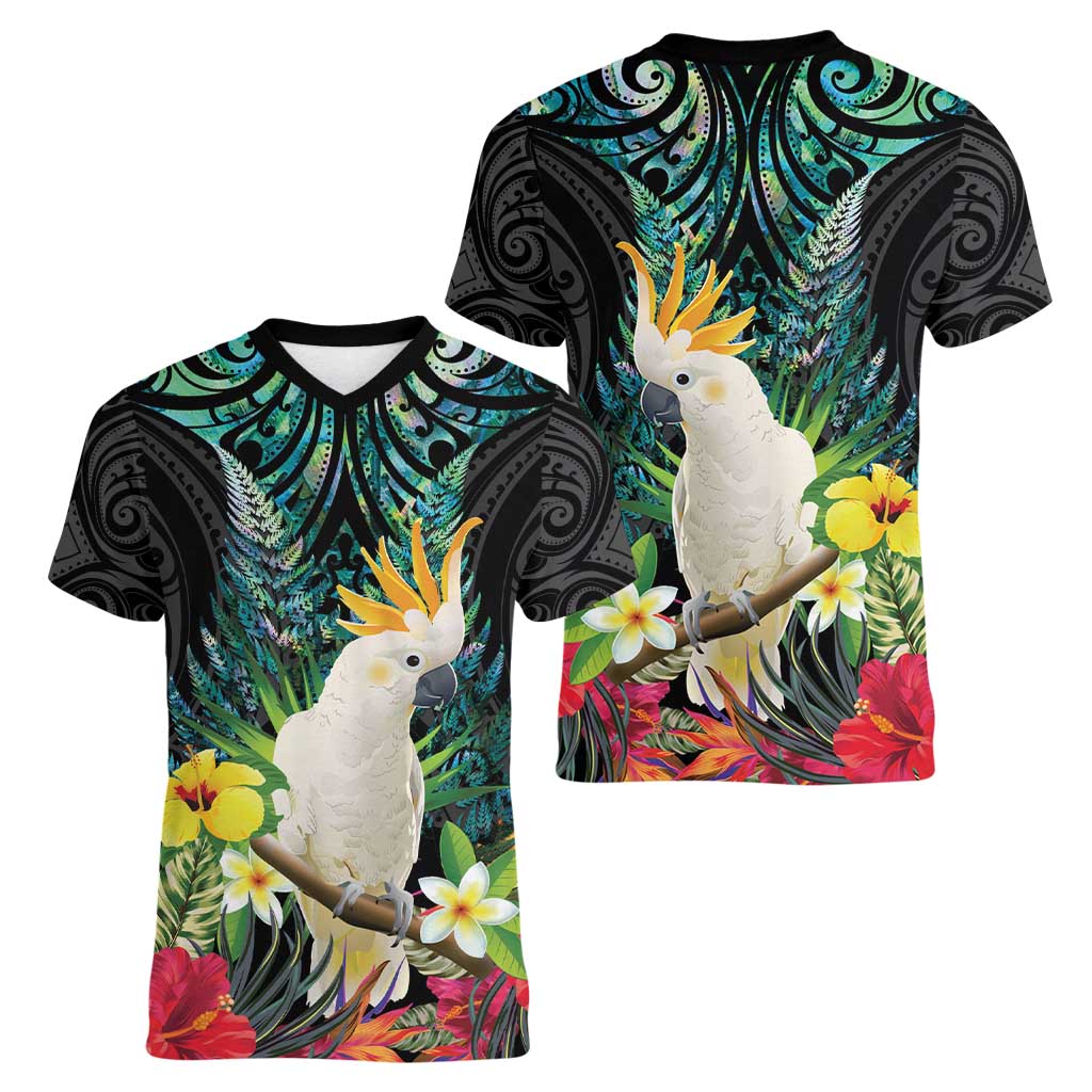 Sulphur-crested Cockatoo New Zealand Women V-Neck T-Shirt Paua Shell Aotearoa Maori Tropical Flowers - Polynesian Pride