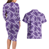 Purple Hawaii Kalo Palaka Motifs Couples Matching Long Sleeve Bodycon Dress and Hawaiian Shirt Hawaiian Taro Leaves Elegant Vibes - Polynesian Pride