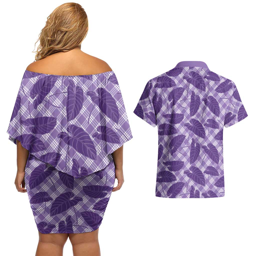 Purple Hawaii Kalo Palaka Motifs Couples Matching Off Shoulder Short Dress and Hawaiian Shirt Hawaiian Taro Leaves Elegant Vibes - Polynesian Pride
