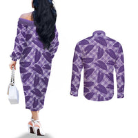 Purple Hawaii Kalo Palaka Motifs Couples Matching Off The Shoulder Long Sleeve Dress and Long Sleeve Button Shirt Hawaiian Taro Leaves Elegant Vibes - Polynesian Pride