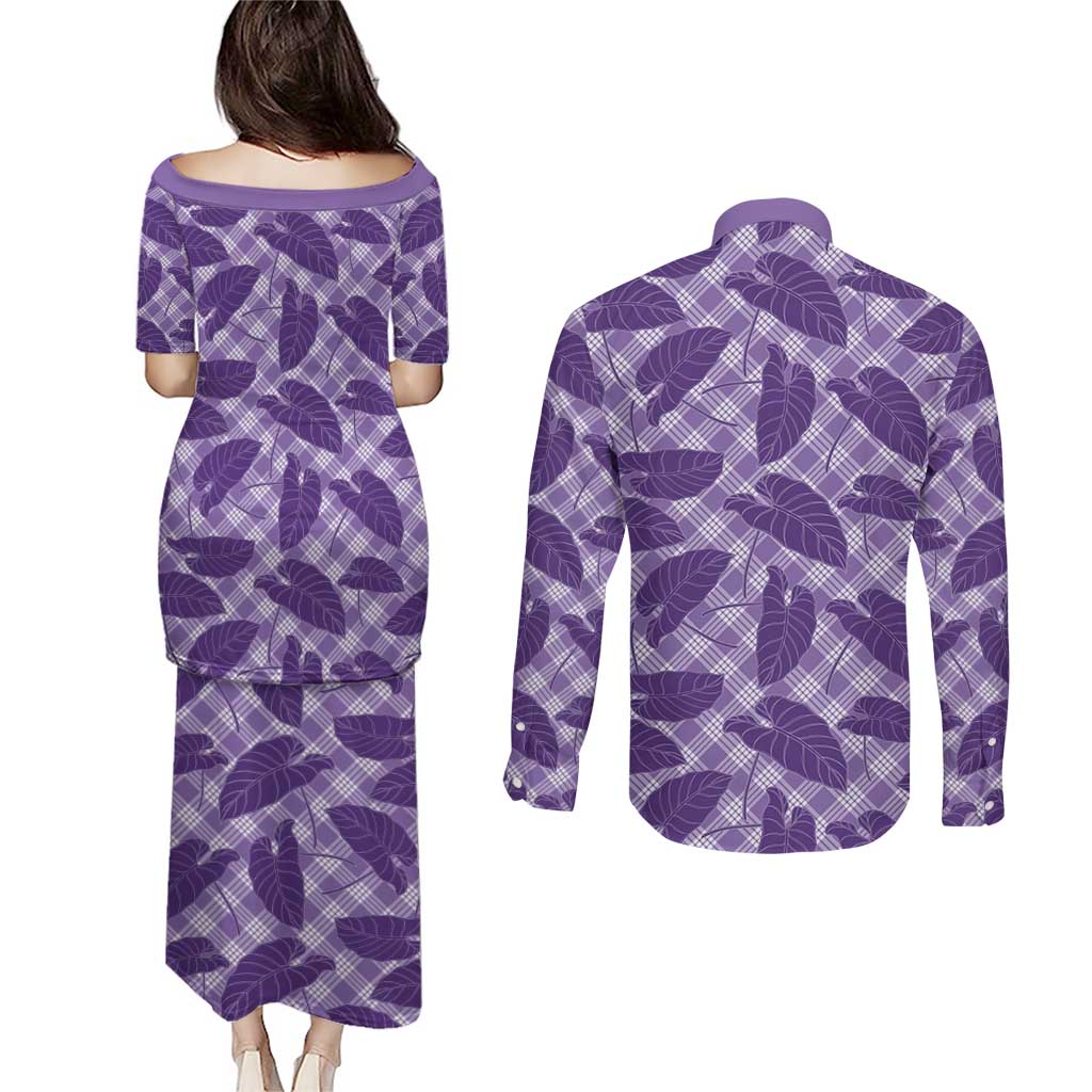 Purple Hawaii Kalo Palaka Motifs Couples Matching Puletasi and Long Sleeve Button Shirt Hawaiian Taro Leaves Elegant Vibes - Polynesian Pride
