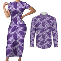 Purple Hawaii Kalo Palaka Motifs Couples Matching Short Sleeve Bodycon Dress and Long Sleeve Button Shirt Hawaiian Taro Leaves Elegant Vibes - Polynesian Pride